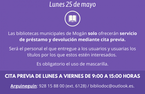 Las bibliotecas municipales de Mogán abren con cita previa el lunes 25 de mayo