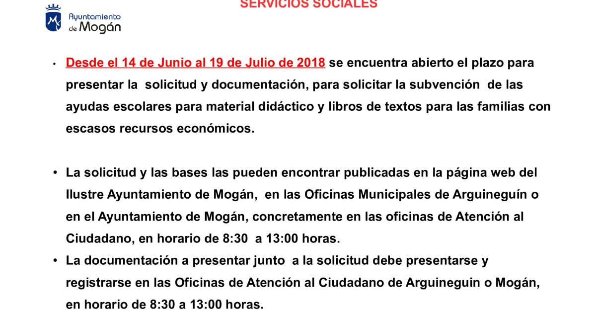 El Ayuntamiento de Mogán abre el plazo para solicitar las subvenciones para material didáctico y libros de texto