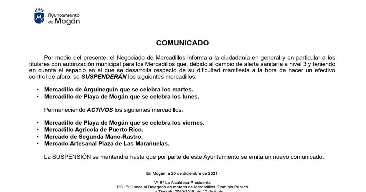 COMUNICADO: Suspensión del mercadillo de Arguineguín y del mercadillo de los lunes en Playa de Mogán