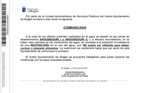 Comunicado: Restricción del uso del agua en Arguineguín I y Arguineguín II