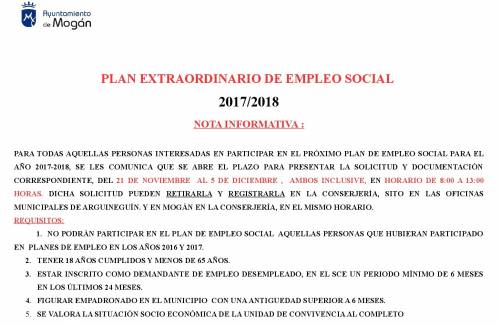 El Ayuntamiento de Mogán abre el plazo de presentación de solicitudes para el Plan Extraordinario de Empleo Social 2017-2018